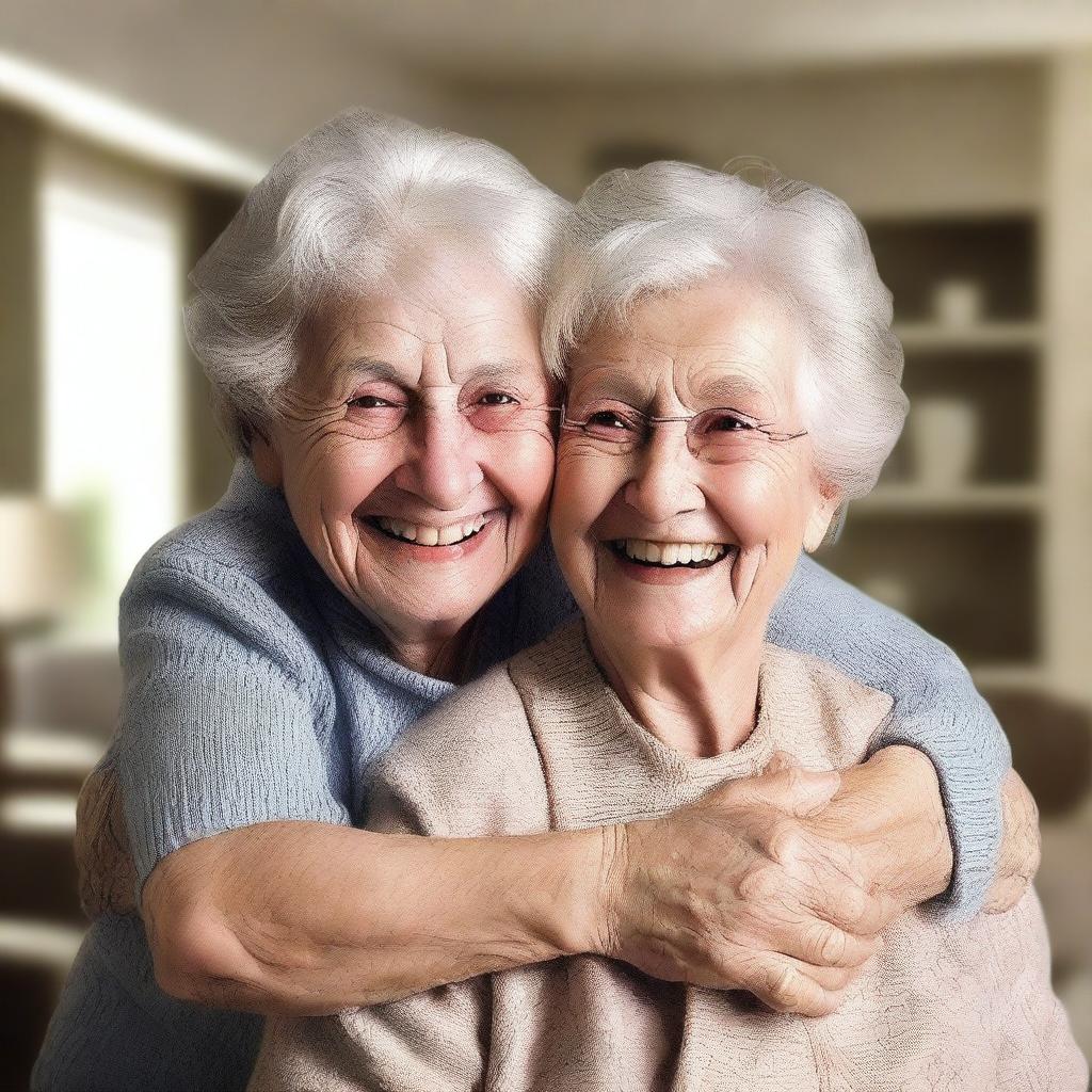 Create an image of an elderly woman warmly hugging a young boy