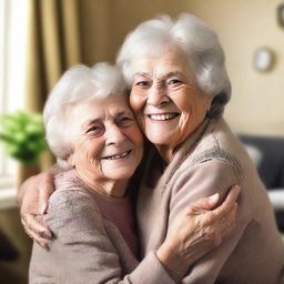 Create an image of an elderly woman warmly hugging a young boy