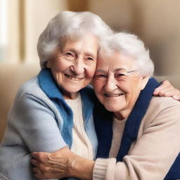 Create an image of an elderly woman warmly hugging a young boy