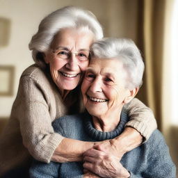 Create an image of an elderly woman warmly hugging a young boy