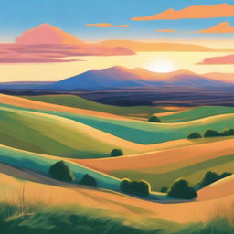 A beautiful landscape featuring rolling hills, a clear blue sky, and a vibrant sunset casting warm hues over the scenery