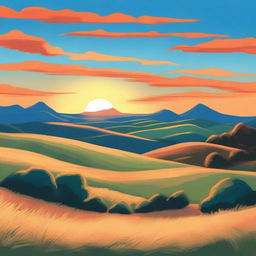 A beautiful landscape featuring rolling hills, a clear blue sky, and a vibrant sunset casting warm hues over the scenery