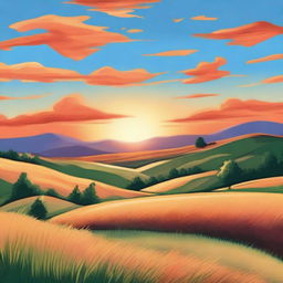 A beautiful landscape featuring rolling hills, a clear blue sky, and a vibrant sunset casting warm hues over the scenery