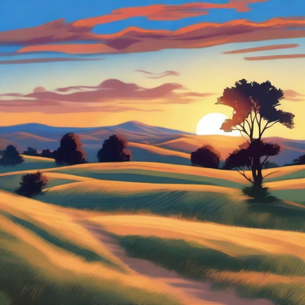 A beautiful landscape featuring rolling hills, a clear blue sky, and a vibrant sunset casting warm hues over the scenery