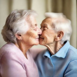 Create an image of an elderly woman giving a gentle kiss on the cheek of a young boy