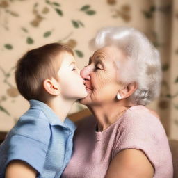 Create an image of an elderly woman giving a gentle kiss on the cheek of a young boy