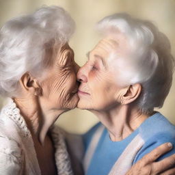 Create an image of an elderly woman giving a gentle kiss on the cheek of a young boy