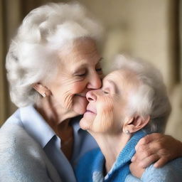 Create an image of an elderly woman giving a gentle kiss on the cheek of a young boy