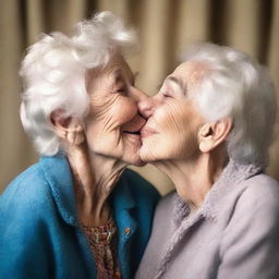 Create an image of an elderly woman and a young boy sharing a kiss