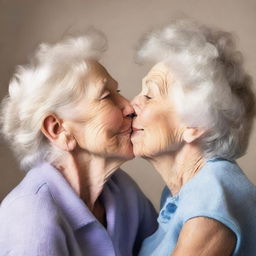 Create an image of an elderly woman and a young boy sharing a kiss