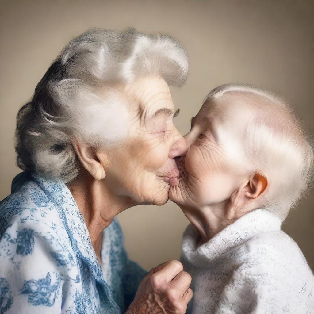 Create an image of an elderly woman and a young boy sharing a kiss