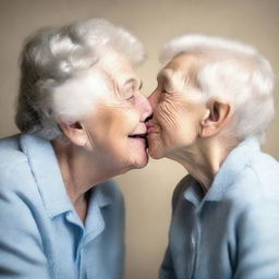 Create an image of an elderly woman and a young boy sharing a kiss