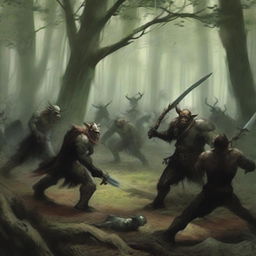 A forest clearing where Taurus, a fierce warrior, battles a group of goblins