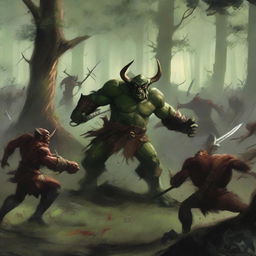 A forest clearing where Taurus, a fierce warrior, battles a group of goblins