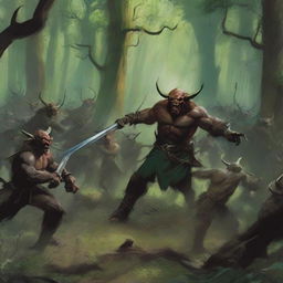 A forest clearing where Taurus, a fierce warrior, battles a group of goblins