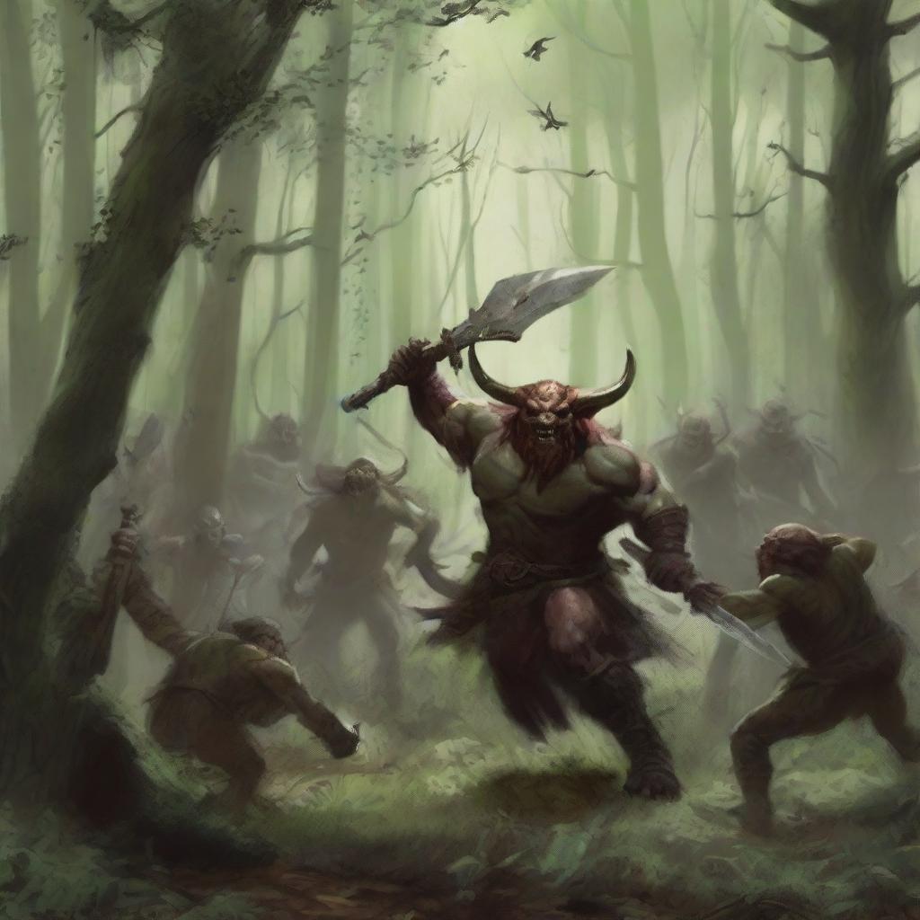 A forest clearing where Taurus, a fierce warrior, battles a group of goblins