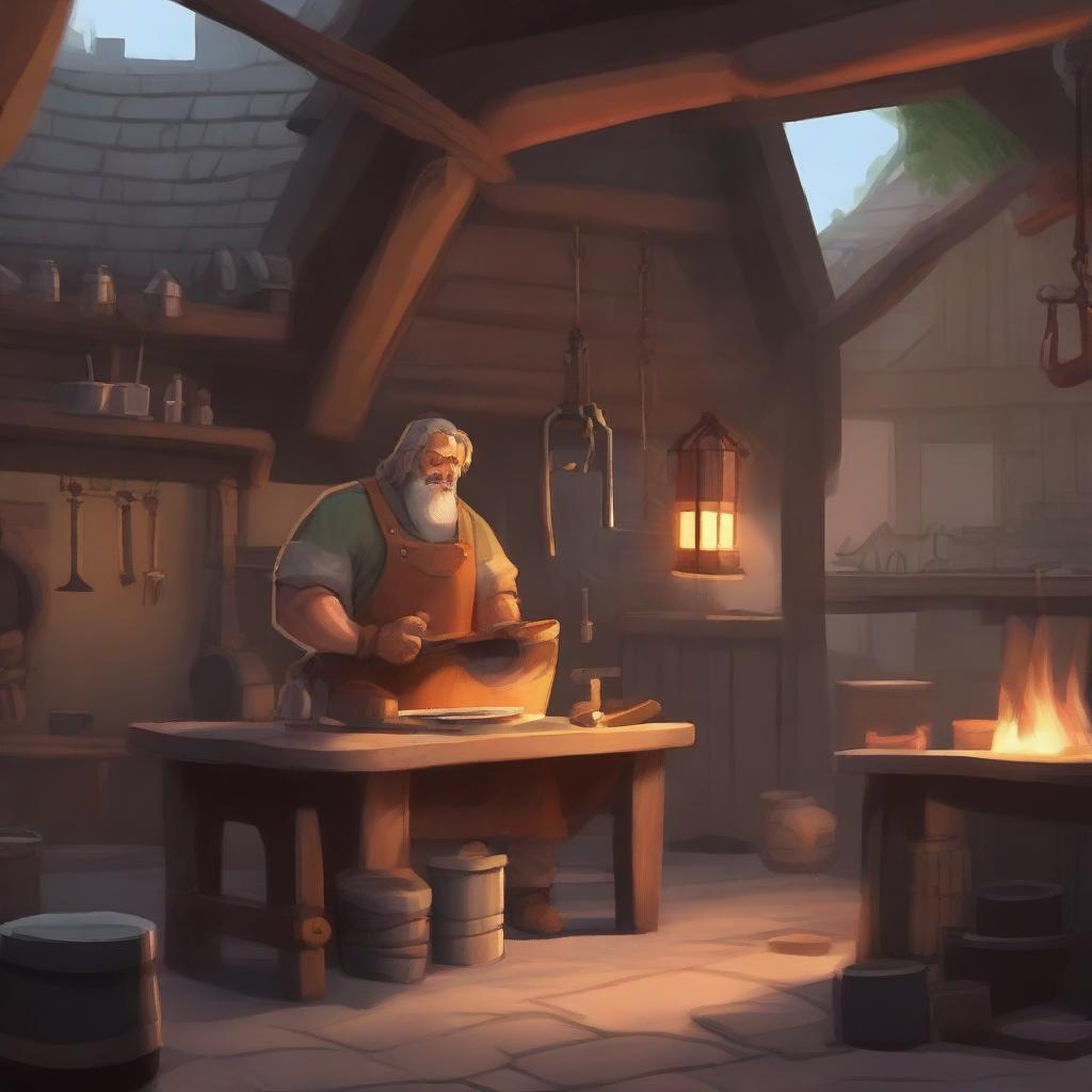 A detailed blacksmith shop with a roaring forge in the background