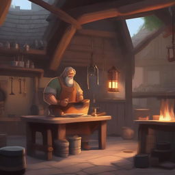 A detailed blacksmith shop with a roaring forge in the background