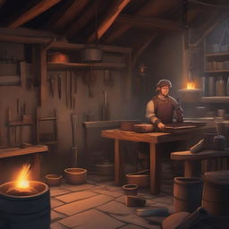 A detailed blacksmith shop with a roaring forge in the background