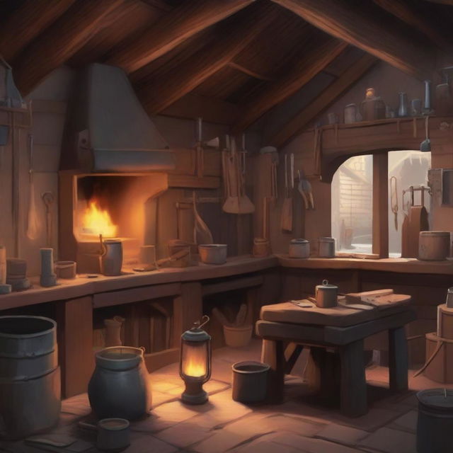 A detailed blacksmith shop with a roaring forge in the background