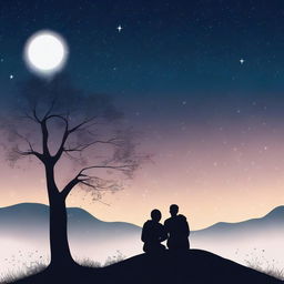 A couple sitting on a hilltop at night, watching the stars in the clear sky