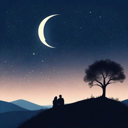 A couple sitting on a hilltop at night, watching the stars in the clear sky