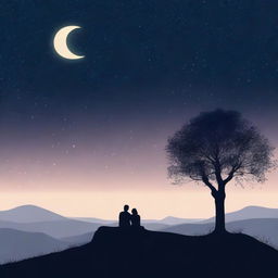 A couple sitting on a hilltop at night, watching the stars in the clear sky