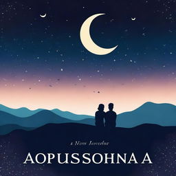 A couple sitting on a hilltop at night, watching the stars in the clear sky, designed as a book cover