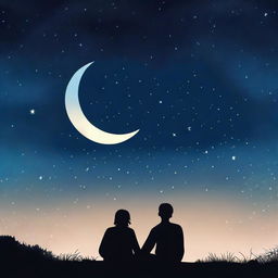 A couple sitting on a hilltop at night, watching the stars in the clear sky, designed as a book cover