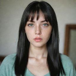 casual photograpy medium body, female, 23 year old with green eyes and black long hai with withe streaks in the bangs.,freckles, self on the mirror, casual clothes, relax time, medium distance shot, 4k hd,  --style raw--v 5.2 ar 2-3