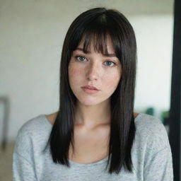 casual photograpy medium body, female, 23 year old with green eyes and black long hai with withe streaks in the bangs.,freckles, self on the mirror, casual clothes, relax time, medium distance shot, 4k hd,  --style raw--v 5.2 ar 2-3