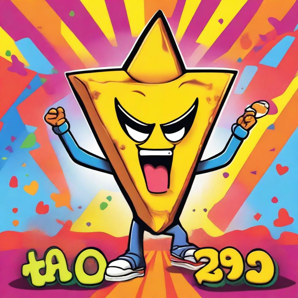 A 90's Nickelodeon-style cartoon poster featuring a lively, anthropomorphic nacho