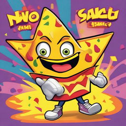 A 90's Nickelodeon-style cartoon poster featuring a lively, anthropomorphic nacho