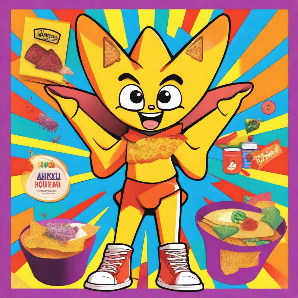 A 90's Nickelodeon-style cartoon poster featuring a lively, anthropomorphic female nacho