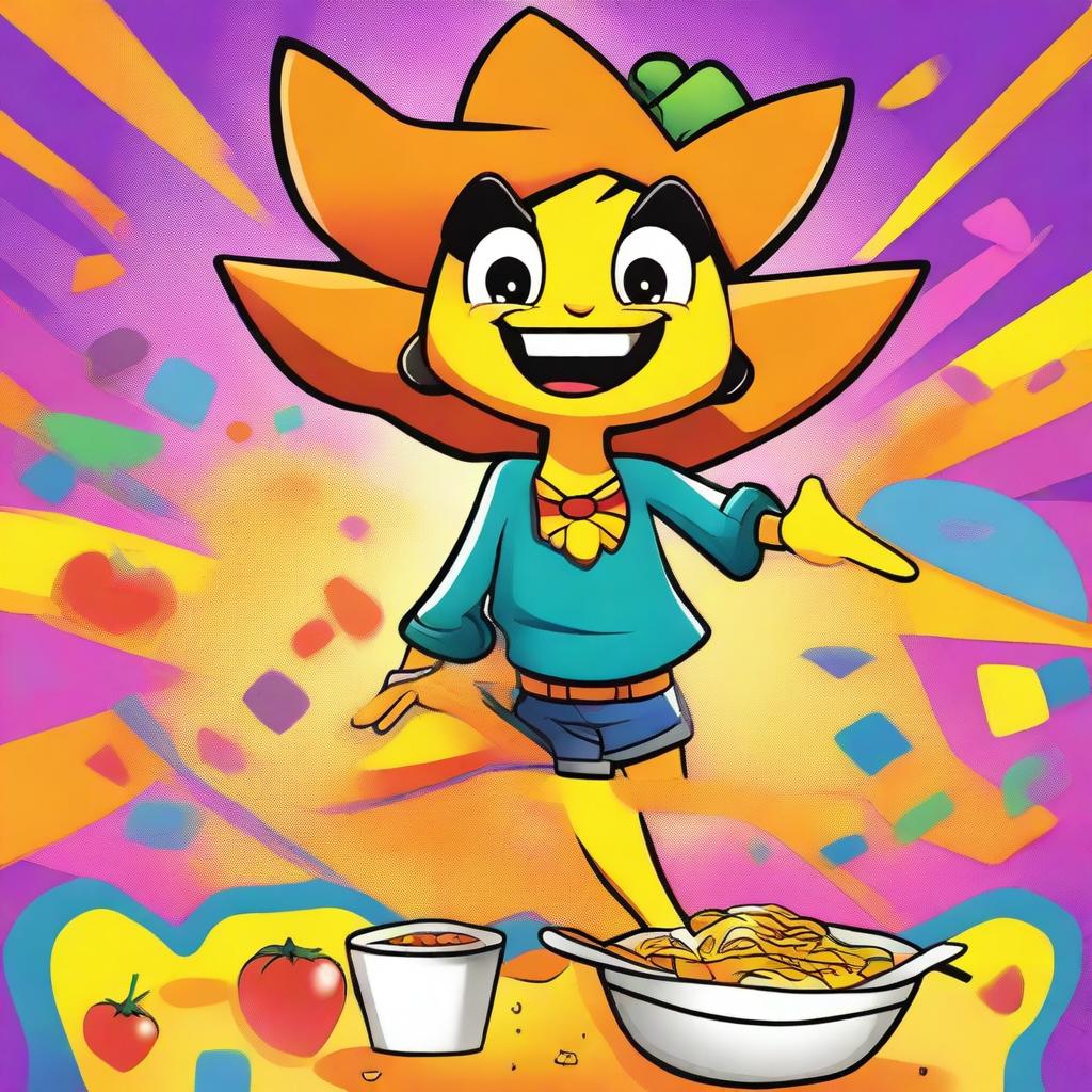 A 90's Nickelodeon-style cartoon poster featuring a lively, anthropomorphic female nacho