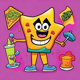 A 90's Nickelodeon-style cartoon poster featuring a lively, anthropomorphic female nacho