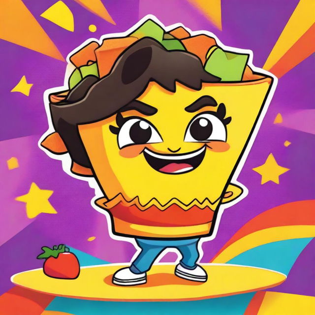 A 90's Nickelodeon-style cartoon poster featuring a lively, anthropomorphic female Latina nacho chip