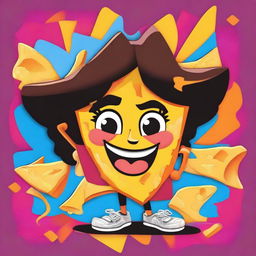 A 90's Nickelodeon-style cartoon poster featuring a lively, anthropomorphic female Latina nacho chip