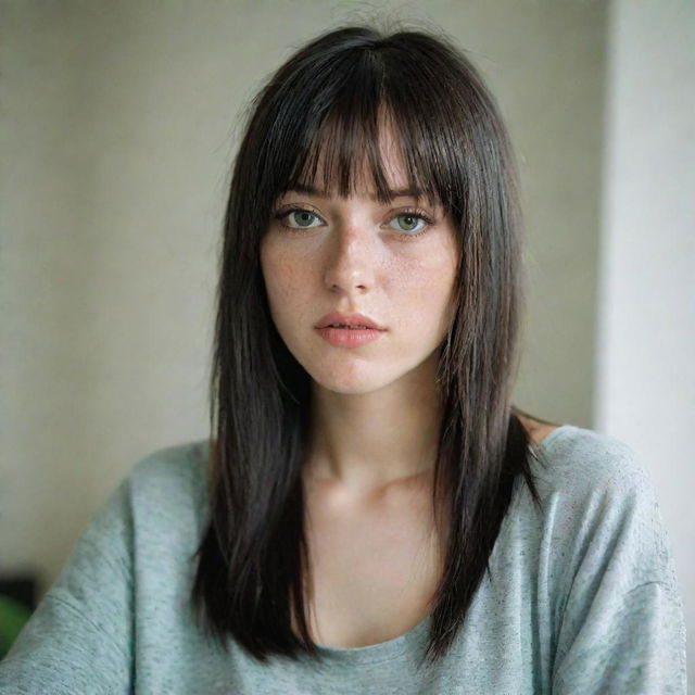 casual photograpy medium body, female, 23 year old with green eyes and black long hai with withe streaks in the bangs.,freckles, self on the mirror, casual clothes, relax time, medium distance shot, 4k hd,  --style raw--v 5.2 ar 2-3