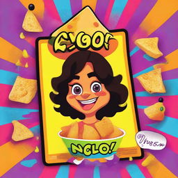 A 90's Nickelodeon-style cartoon poster featuring a lively, anthropomorphic female Latina nacho chip