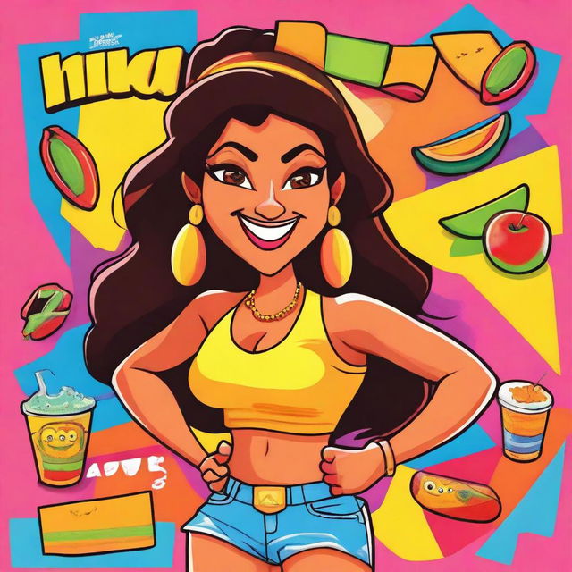 A 90's Nickelodeon-style cartoon poster featuring a lively, anthropomorphic female Latina nacho chonga