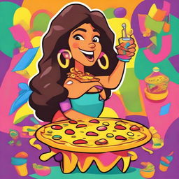 A 90's Nickelodeon-style cartoon poster featuring a lively, anthropomorphic female Latina nacho chonga