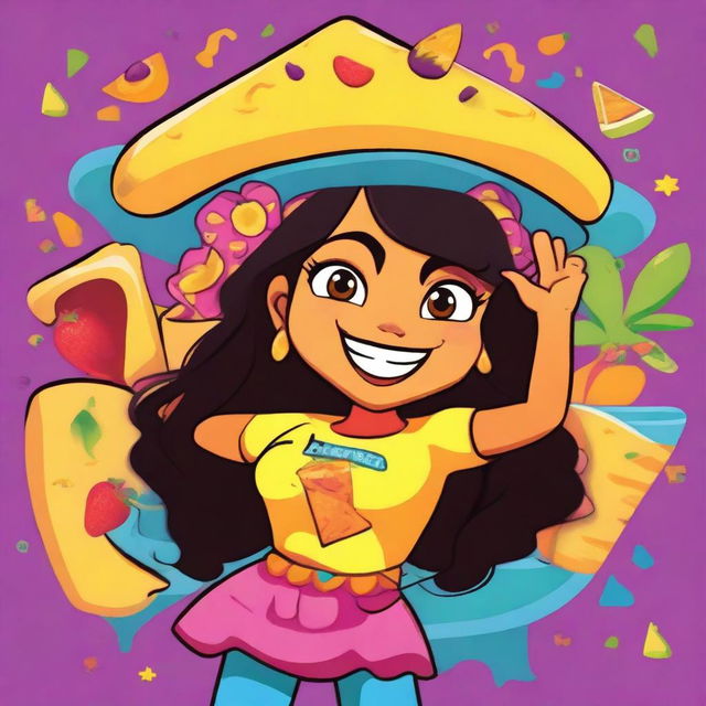 A 90's Nickelodeon-style cartoon poster featuring a lively, girly, anthropomorphic Latina nacho character