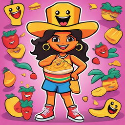 A 90's Nickelodeon-style cartoon poster featuring a lively, girly, anthropomorphic Latina nacho character