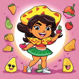 A 90's Nickelodeon-style cartoon poster featuring a lively, girly, anthropomorphic Latina nacho character