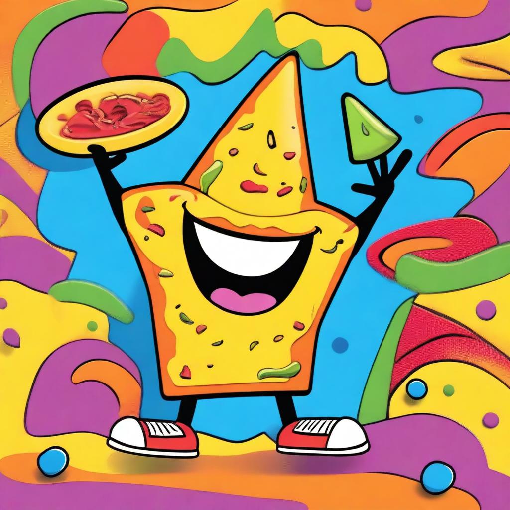 A 90's Nickelodeon-style cartoon poster featuring a lively, anthropomorphic nacho character