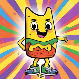 A 90's Nickelodeon-style cartoon poster featuring a lively, anthropomorphic nacho character