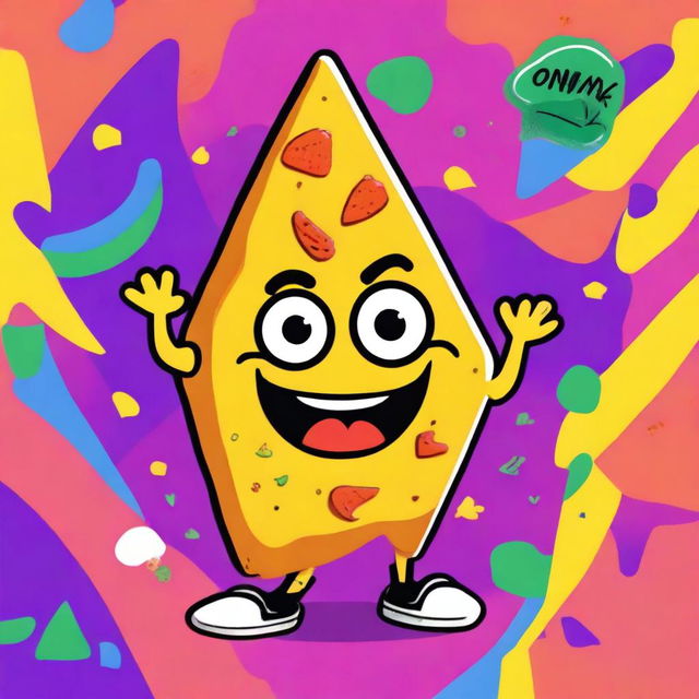 A 90's Nickelodeon-style cartoon poster featuring a lively, anthropomorphic nacho character similar to Doug