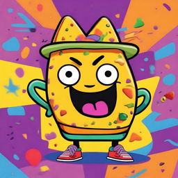 A 90's Nickelodeon-style cartoon poster featuring a lively, anthropomorphic nacho character similar to Doug