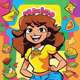 A 90's Nickelodeon-style cartoon poster featuring a lively, anthropomorphic nacho girl character